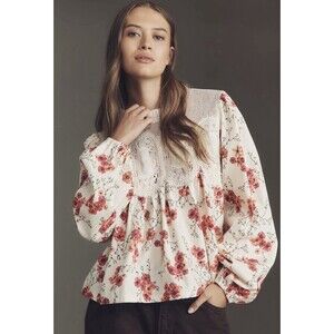 Anthropologie Iris Long Sleeve Lace Poplin Blouse By En Elly Sz SM Ivory Floral